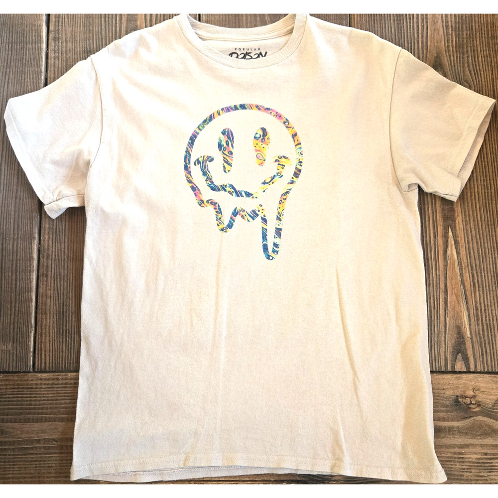 Popular Poison T Shirt Medium White Trippy Smiling Face Acid Graphic Tee 90s Y2K
